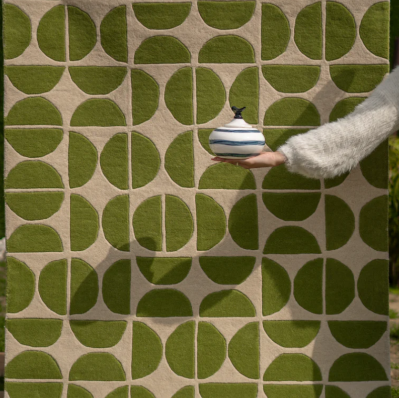 Modern Geometric Green Wool Rug – Hand-Tufted Mid-Century Accent Carpet for Living Room & Bedroom Decor
