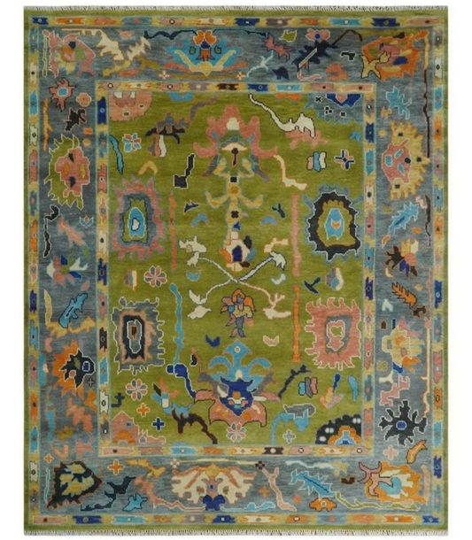 Hand-Knotted Oushak Rug – Olive Green Wool Area Rug with Colorful Tribal Motifs, Turkish Oriental Design