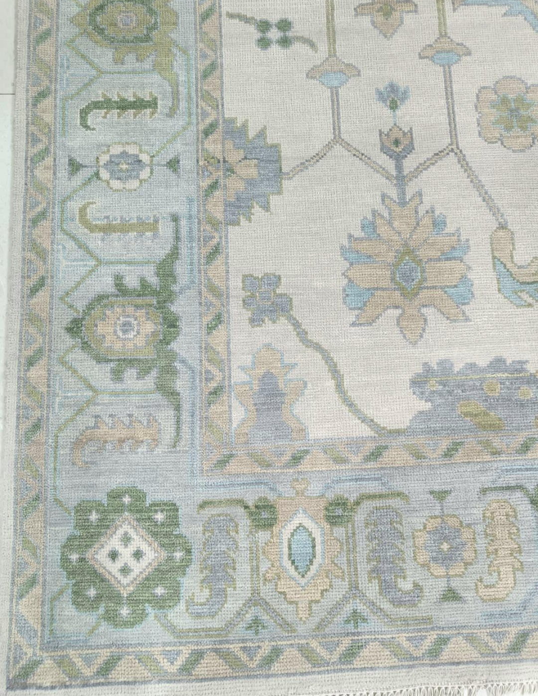 Handknotted Oushak Rug – Ivory Blue Green Turkish Area Rug, Traditional Handmade Wool Rug, Elegant Neutral Boho Home Decor