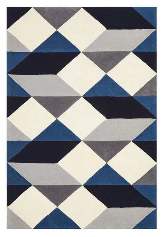 Blue, Gray and White 3D Geometric Area Rug – Modern Optical Illusion Carpet for Living Room, Bedroom & Office Décor
