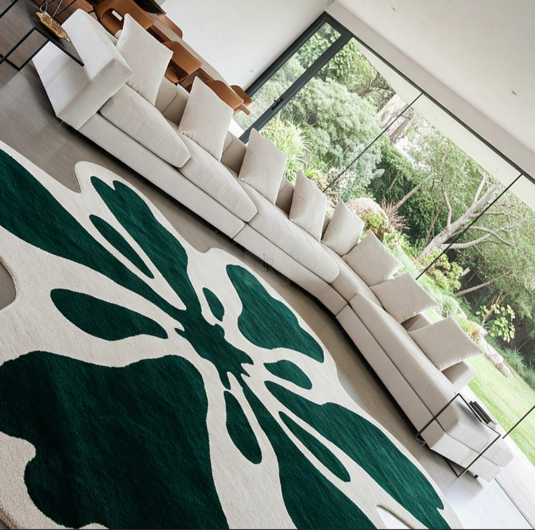 Irregular Abstract Flower Shaped Area Rug – Modern Green and White Carpet for Living Room Decor – Unique Statement Floor Mat
