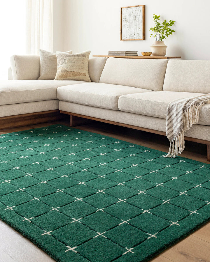 Emerald Green Hand Tufted Wool Rug | Modern Geometric Grid Area Rug | Luxury Plush Carpet for Living Room, Bedroom & Office | Handmade Contemporary Floor Rug | Custom Size Available
