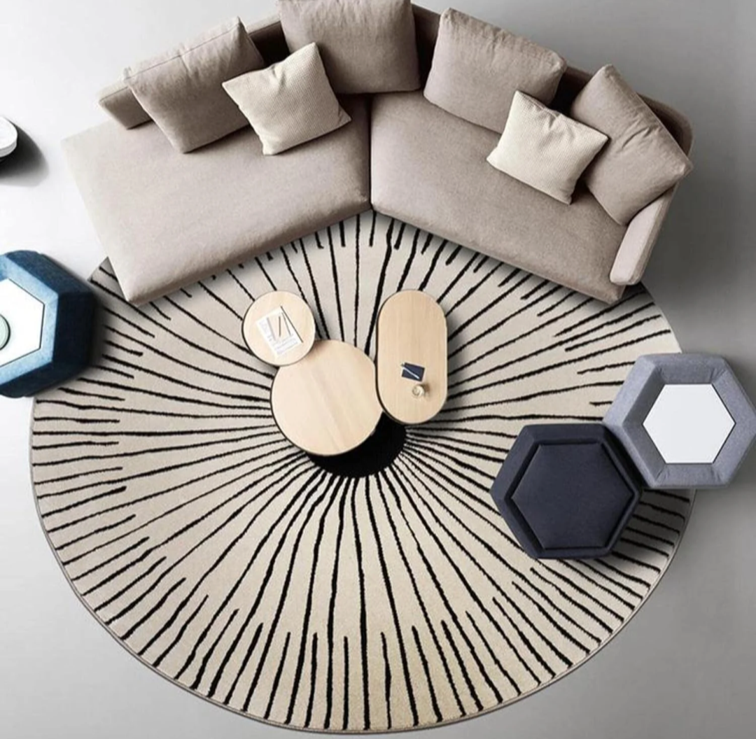 Modern Minimalist Round Area Rug – Black and White Sunburst Design Carpet for Living Room, Bedroom, or Office Decor