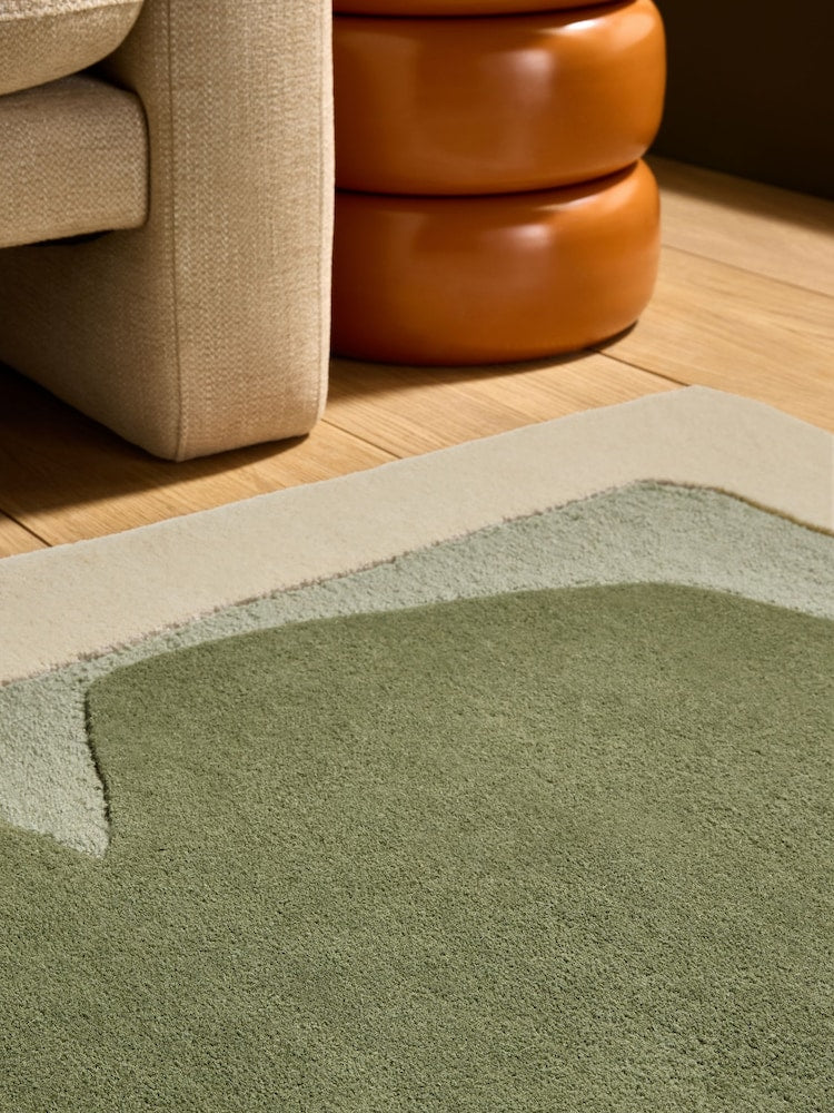 Modern Abstract Green Area Rug – Hand-Tufted Wool Carpet with Minimalist Organic Shapes for Living Room & Bedroom Decor