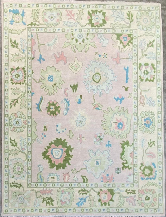 Handknotted Oushak Rug – Soft Pastel Pink Turkish Wool Area Rug | Vintage Floral Design Carpet for Living Room & Bedroom | Modern Boho Home Decor