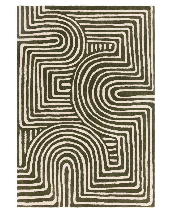 Modern Abstract Line Pattern Area Rug – Hand-Tufted Wool Olive Green & Ivory Contemporary Carpet for Living Room, Bedroom, Office & Home Decor