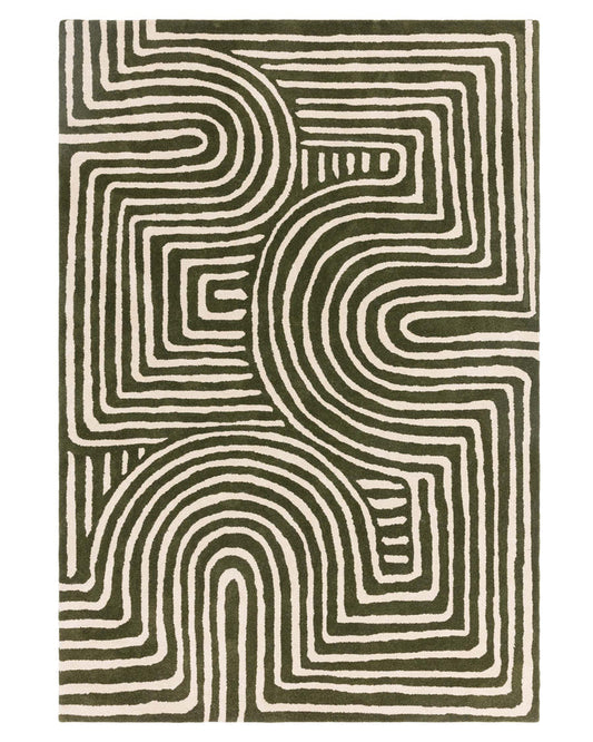Modern Abstract Line Pattern Area Rug – Hand-Tufted Wool Olive Green & Ivory Contemporary Carpet for Living Room, Bedroom, Office & Home Decor