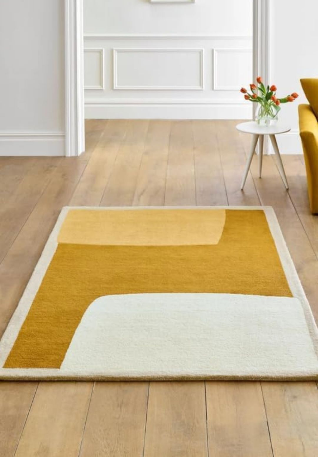 Modern Mustard and Cream Abstract Area Rug – Hand-Tufted Wool Carpet for Living Room, Bedroom or Office Decor