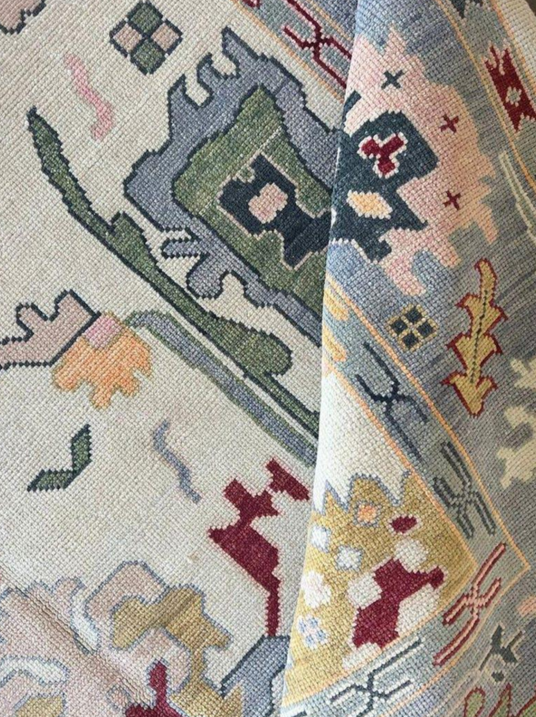 Hand Knotted Oushak Rug – Pastel Blue Ivory Turkish Wool Carpet | Soft Vintage Style Area Rug