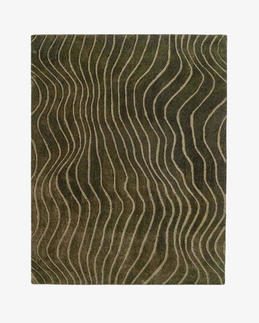 Modern Abstract Hand Tufted Rug – Olive Green Wavy Lines Wool Rug, Contemporary Area Rug for Living Room, Minimalist Designer Carpet