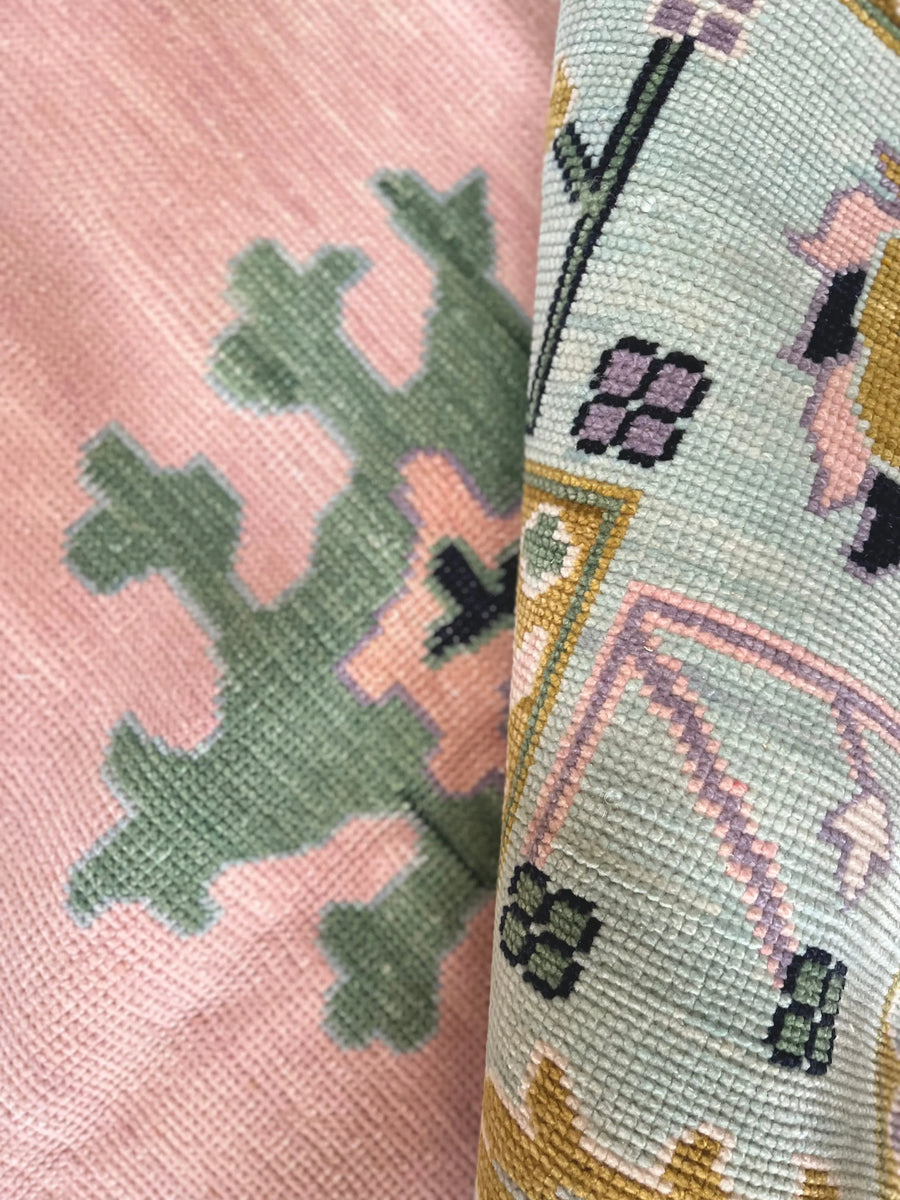 Hand Knotted Oushak Rug – Blush Pink Pastel Turkish Wool Vintage Area Carpet