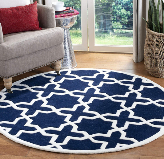 Round Navy Blue and White Moroccan Style Carpet – Soft Geometric Area Rug for Living Room & Bedroom – Elegant Modern Floor Mat