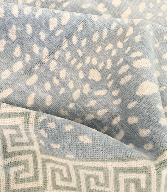 Hand Knotted Oushak Rug – Blue Modern Antelope Pattern with Greek Key Border | Luxury Wool Area Carpet