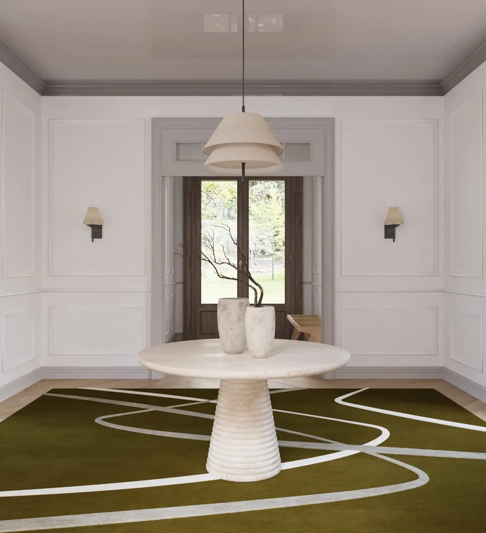 Modern Abstract Hand-Tufted Rug | Olive Green & Beige Minimalist Line Art Carpet | Contemporary Geometric Area Rug for Living Room & Bedroom