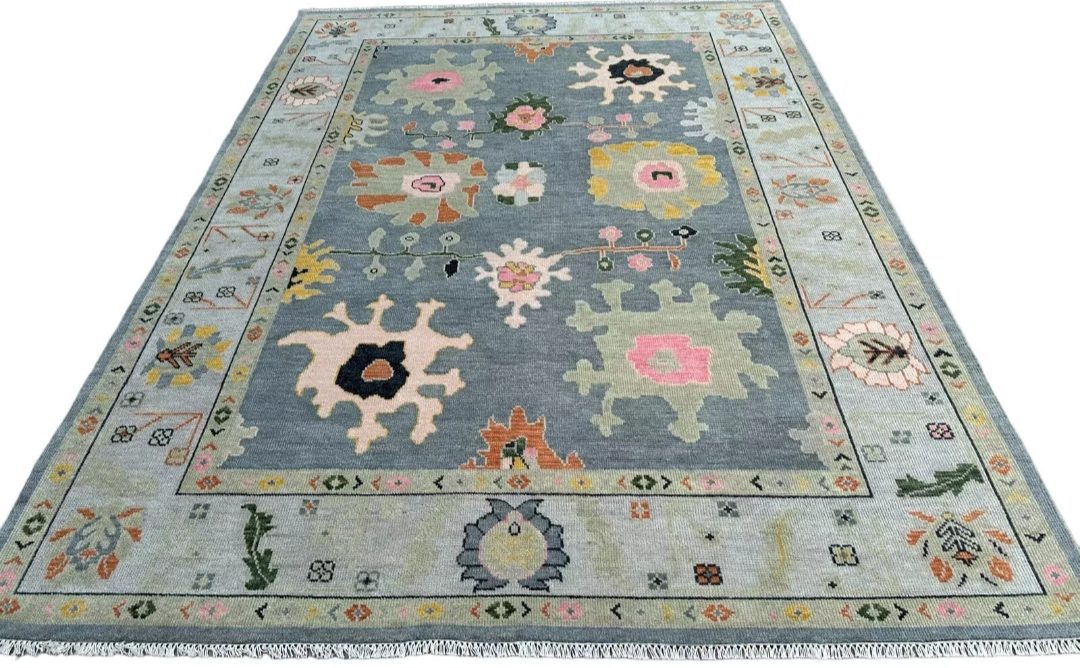 Hand Knotted Oushak Rug – Blue Turkish Wool Area Rug with Pastel Floral Motifs