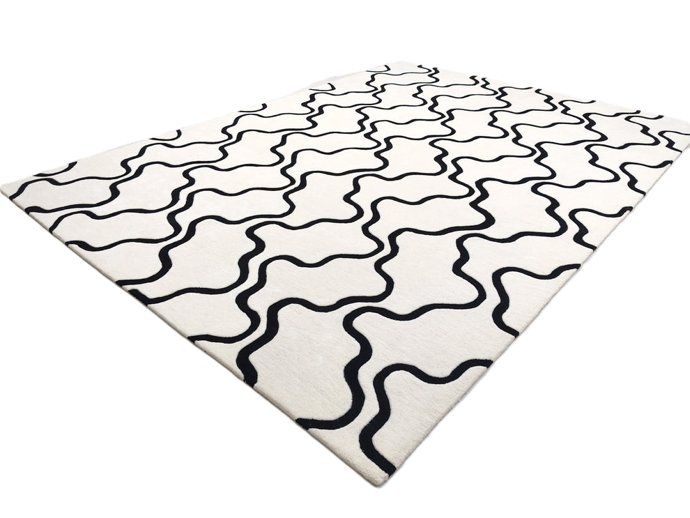 White and Black Wavy Line Area Rug – Modern Hand-Tufted Wool Carpet with Abstract Pattern for Living Room, Bedroom & Contemporary Home Décor
