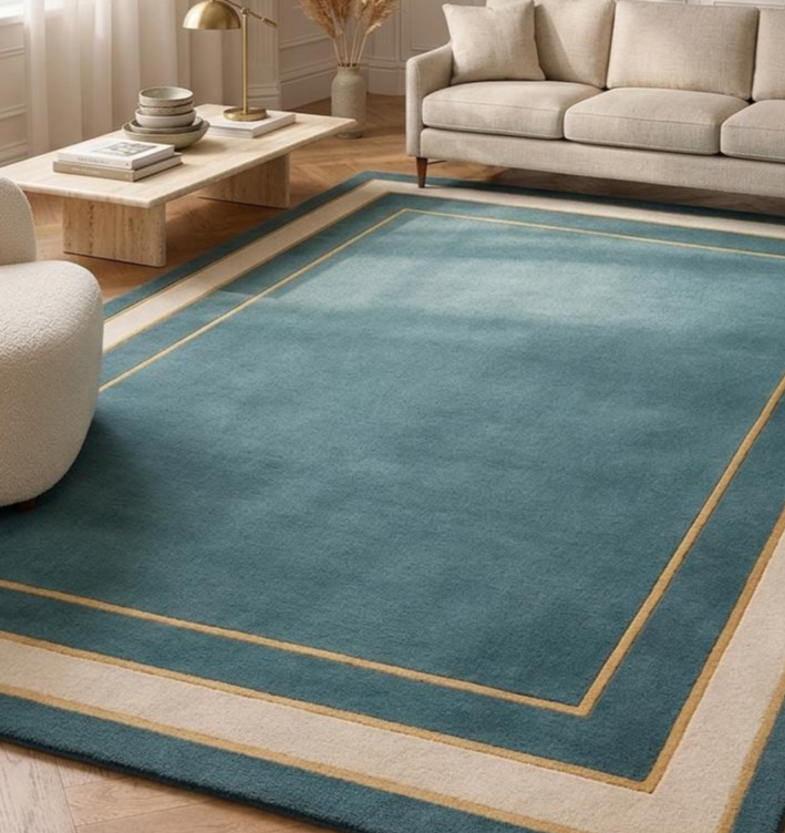 Luxury Emerald Green Hand Tufted Rug, Modern Art Deco Area Rug, Teal Gold Border Carpet, Contemporary Living Room Rug, Custom Handmade Rug, Plush Wool Rug, Minimalist Home Decor Rug
