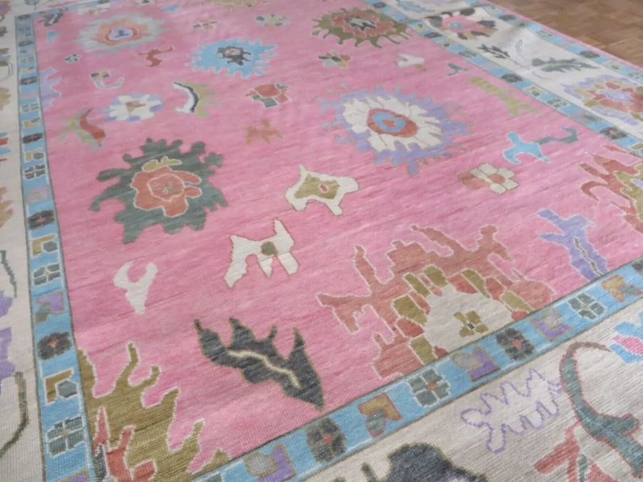 Blush Pink Hand Knotted Oushak Rug – Vintage Turkish Style Floral Medallion Carpet, Soft Pastel Large Area Rug for Living Room & Bedroom