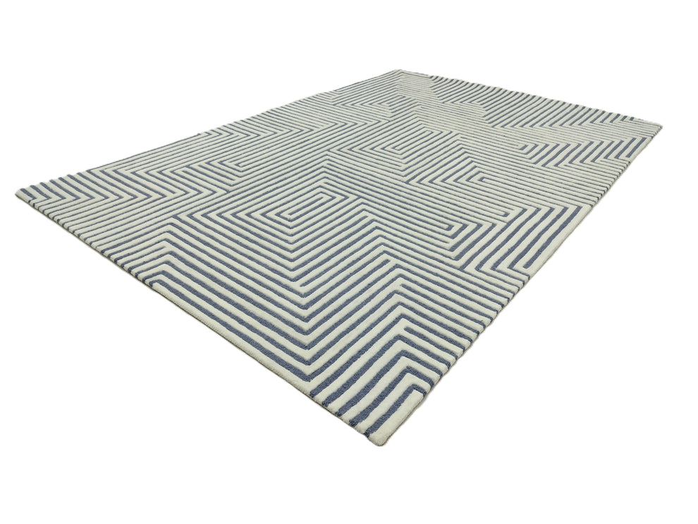 Blue and White Maze Pattern Area Rug – Modern Hand-Tufted Wool Carpet with Geometric Line Design for Living Room, Bedroom & Contemporary Décor