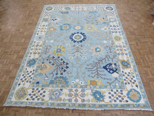 Luxury Hand-Knotted Oushak Rug – Sky Blue Turkish Wool Carpet with Floral Motifs