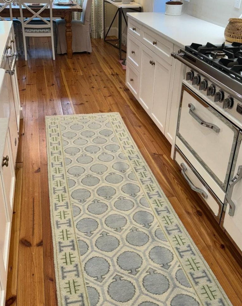 Hand Knotted Oushak Rug – Soft Blue & Ivory Turkish Wool Carpet | Vintage Style Area Rug