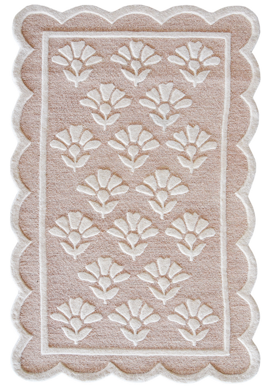 Handmade Scalloped Floral Wool Rug – Soft Beige & White Textured Carpet for Living Room, Bedroom & Nursery Decor