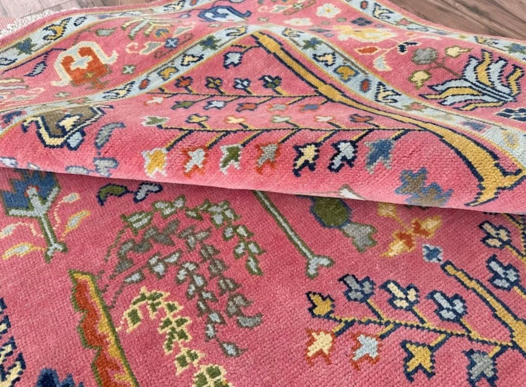 Handknotted Oushak Rug – Authentic Turkish Wool Carpet in Coral Pink | Luxury Handmade Oriental Area Rug