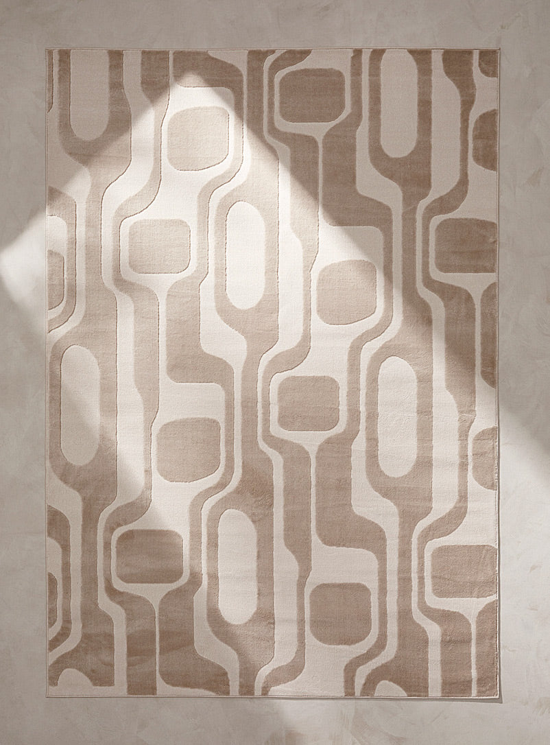 Modern Beige Geometric Area Rug – Retro Mid-Century Pattern, Soft Plush Texture for Living Room & Bedroom Décor