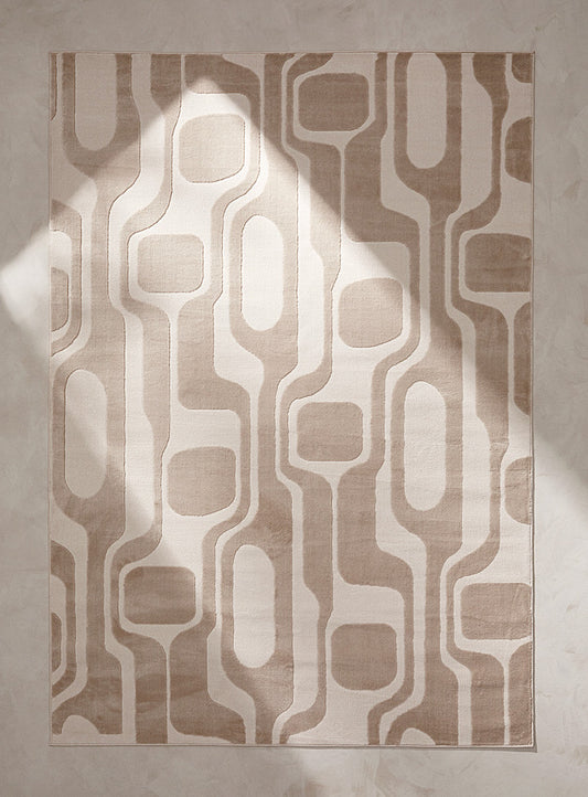 Modern Beige Geometric Area Rug – Retro Mid-Century Pattern, Soft Plush Texture for Living Room & Bedroom Décor