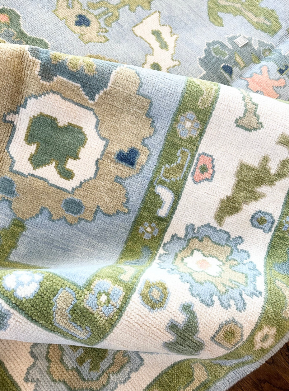Hand Knotted Oushak Rug – Soft Pastel Blue & Green Turkish Style Area Carpet | Traditional Wool Oriental Rug