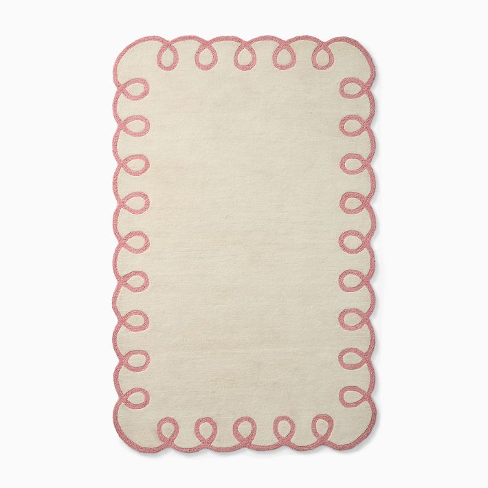 Whimsical Hand-Tufted Rug | Cream & Pink Scalloped Edge Area Carpet | Playful Modern Accent Rug for Nursery, Kids Room & Living Space
