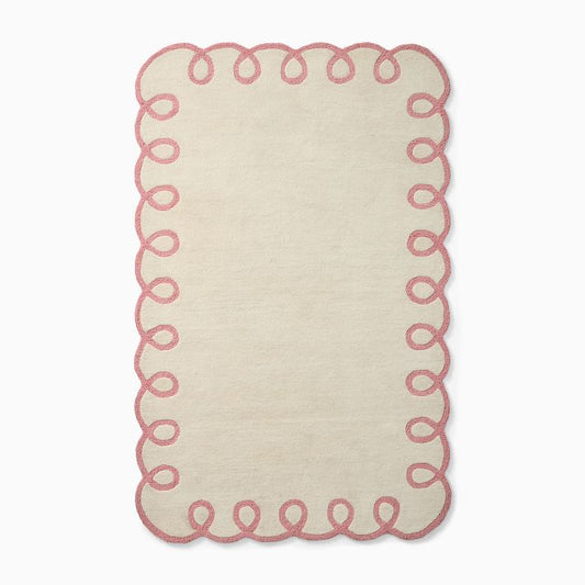 Whimsical Hand-Tufted Rug | Cream & Pink Scalloped Edge Area Carpet | Playful Modern Accent Rug for Nursery, Kids Room & Living Space