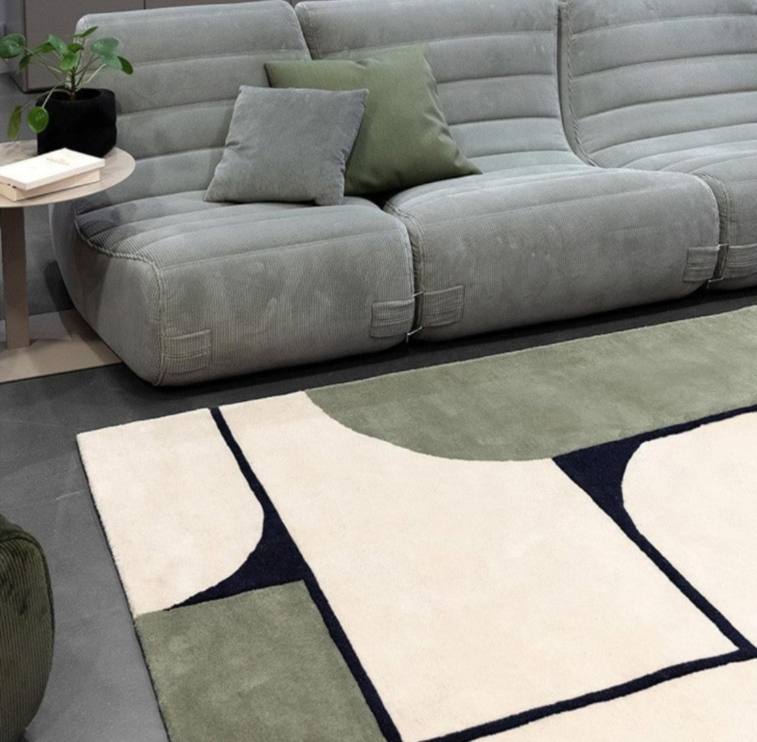 Modern Geometric Rectangle Rug – Hand-Tufted Wool Carpet | Green Black Beige Contemporary Area Rug for Living Room, Bedroom, Office
