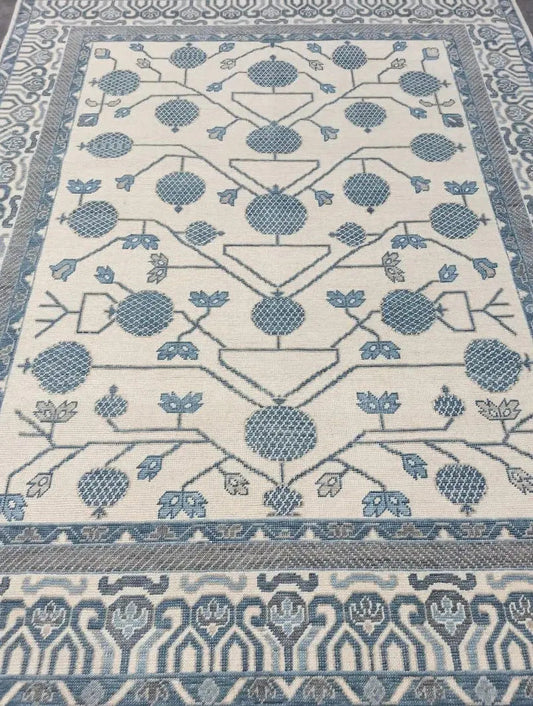 Hand Knotted Oushak Rug | Blue Turkish Floral Carpet | Vintage Style Wool Area Rug | Soft Pastel Botanical Design | Living Room Decor | Handmade Luxury Rug