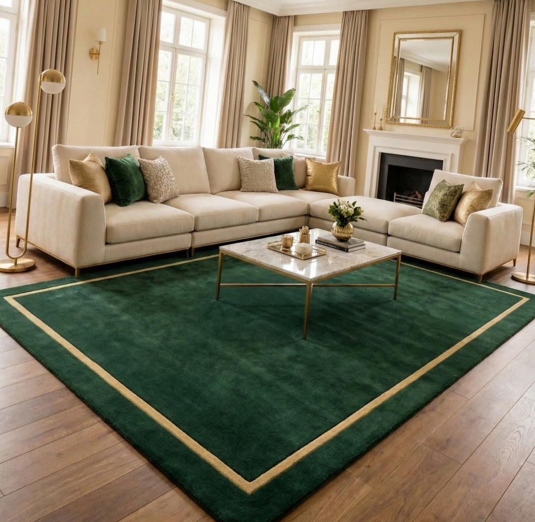 Emerald Green Hand Tufted Area Rug, Luxury Modern Border Carpet, Custom Handmade Wool Rug for Living Room, Minimalist Contemporary Rug