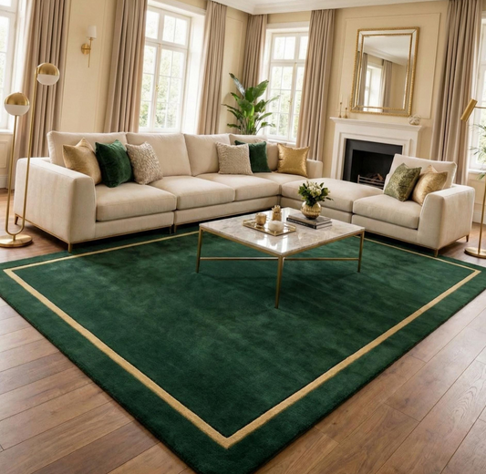 Emerald Green Hand Tufted Area Rug, Luxury Modern Border Carpet, Custom Handmade Wool Rug for Living Room, Minimalist Contemporary Rug