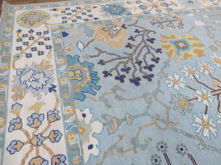 Luxury Hand-Knotted Oushak Rug – Sky Blue Turkish Wool Carpet with Floral Motifs