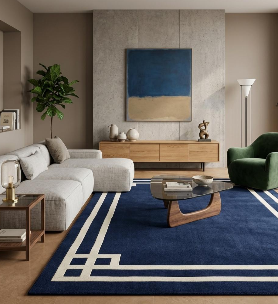 Hand Tufted Navy Blue Area Rug, Modern Geometric Wool Rug, Luxury Living Room Carpet, Contemporary Handmade Floor Rug, Custom Size Rug