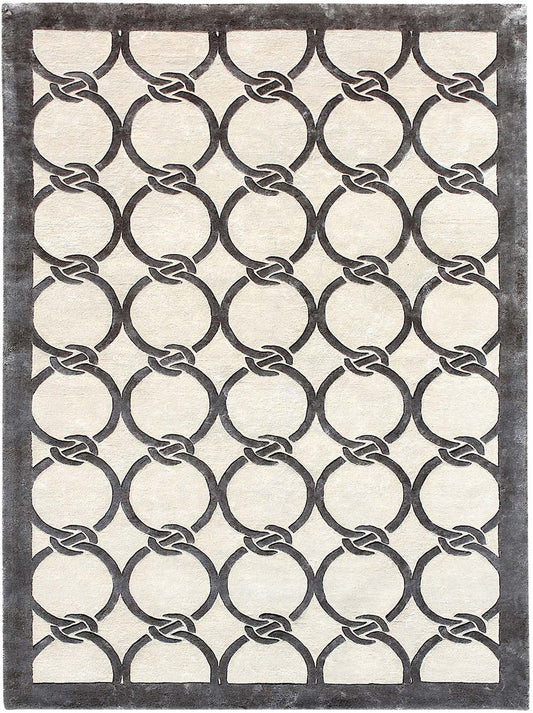 Modern Hand-Knotted Wool Rug | Luxury Geometric Circle Design Carpet | Contemporary Black & Ivory Area Rug | Handmade Living Room & Bedroom Decor