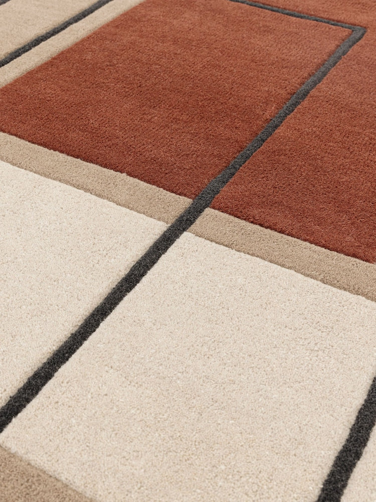 Modern Geometric Area Rug – Hand-Tufted Wool Carpet in Beige, Brown & Black with Overlapping Rectangle Design for Living Room, Bedroom & Office Decor