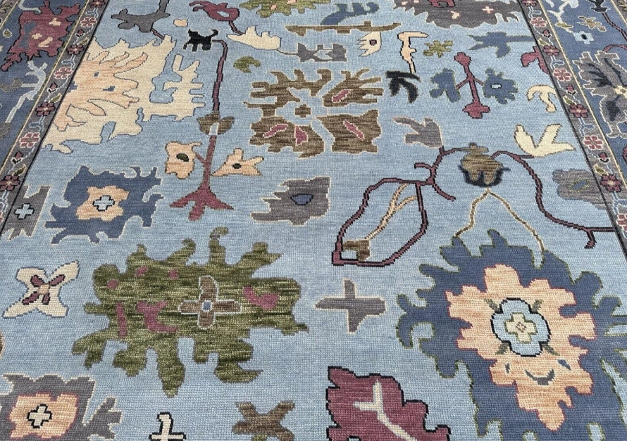 Hand Knotted Oushak Rug Turkish Style | Vintage Boho Area Carpet | Living Room Oriental Wool Rug