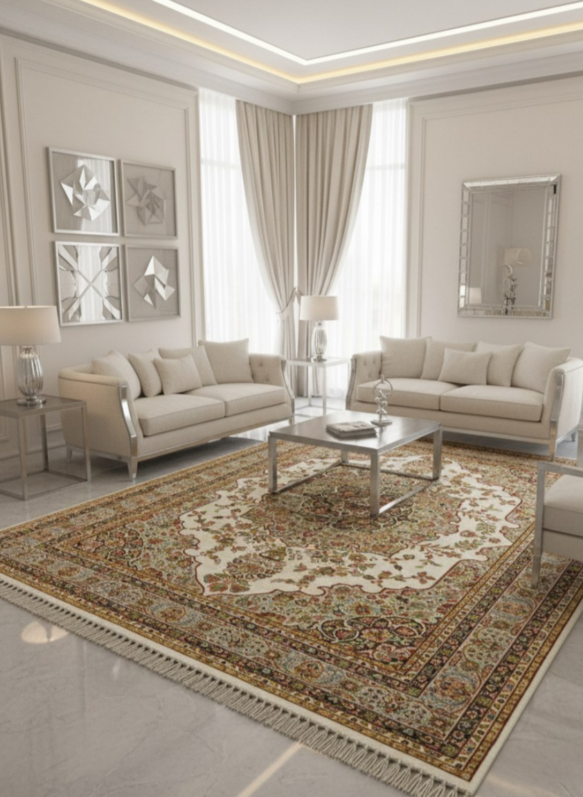 Luxury Persian Silk Rug – Handmade Floral Medallion Design, Traditional Oriental Carpet for Living Room