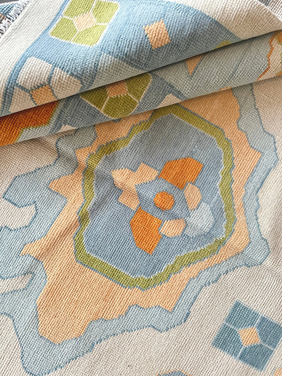 Hand Knotted Oushak Rug – Pastel Blue Turkish Wool Vintage Medallion Area Carpet