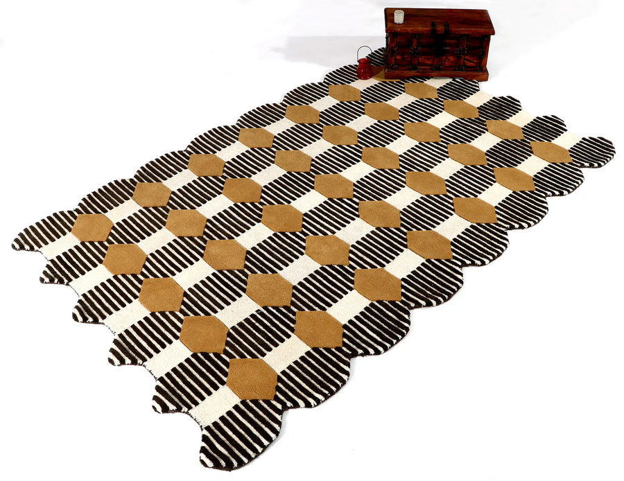 Mid Century Modern Geometric Area Rug – Hand Tufted Mustard Yellow & Brown Striped Pattern Carpet for Living Room, Dining & Office Décor