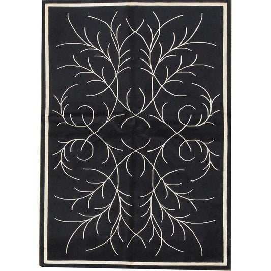 Modern Black Botanical Area Rug – Hand-Tufted Carpet with Elegant Ivory Leaf Vine Pattern for Living Room & Hallway Decor
