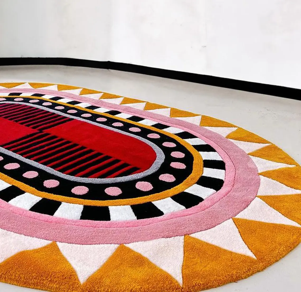 Bold Abstract Geometric Area Rug – Hand Tufted Pink, Red, Black & Mustard Modern Art Carpet for Living Room, Bedroom & Creative Spaces