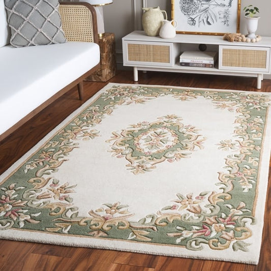 Vintage Ivory & Green Aubusson Area Rug – Handcrafted Wool Carpet with Floral Border for Elegant Living Room & Bedroom Décor