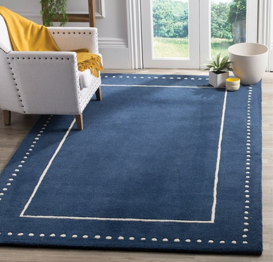 Classic Navy Blue Wool Area Rug with White Border – Handwoven Modern Geometric Carpet for Living Room, Bedroom & Office Décor