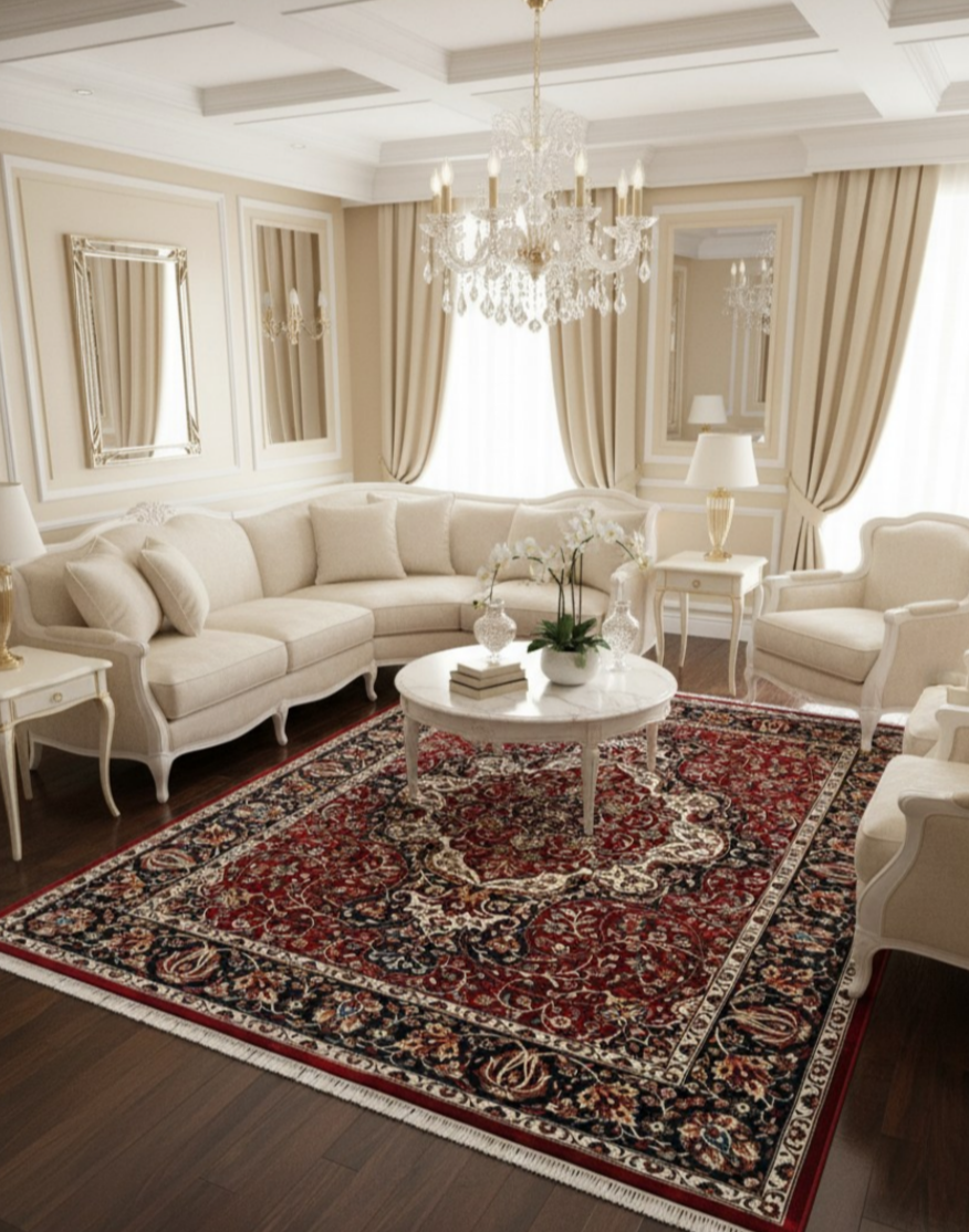 Luxury Persian Silk Rug with Classic Medallion Design – Elegant Red & Navy Decorative Carpet