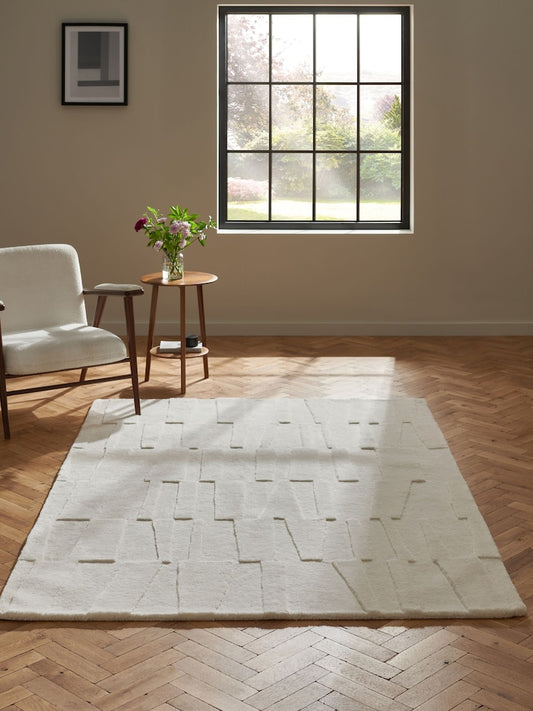 Modern Textured White Area Rug – Hand-Tufted Wool Carpet with Minimalist Geometric Pattern for Living Room, Bedroom & Contemporary Home Decor
